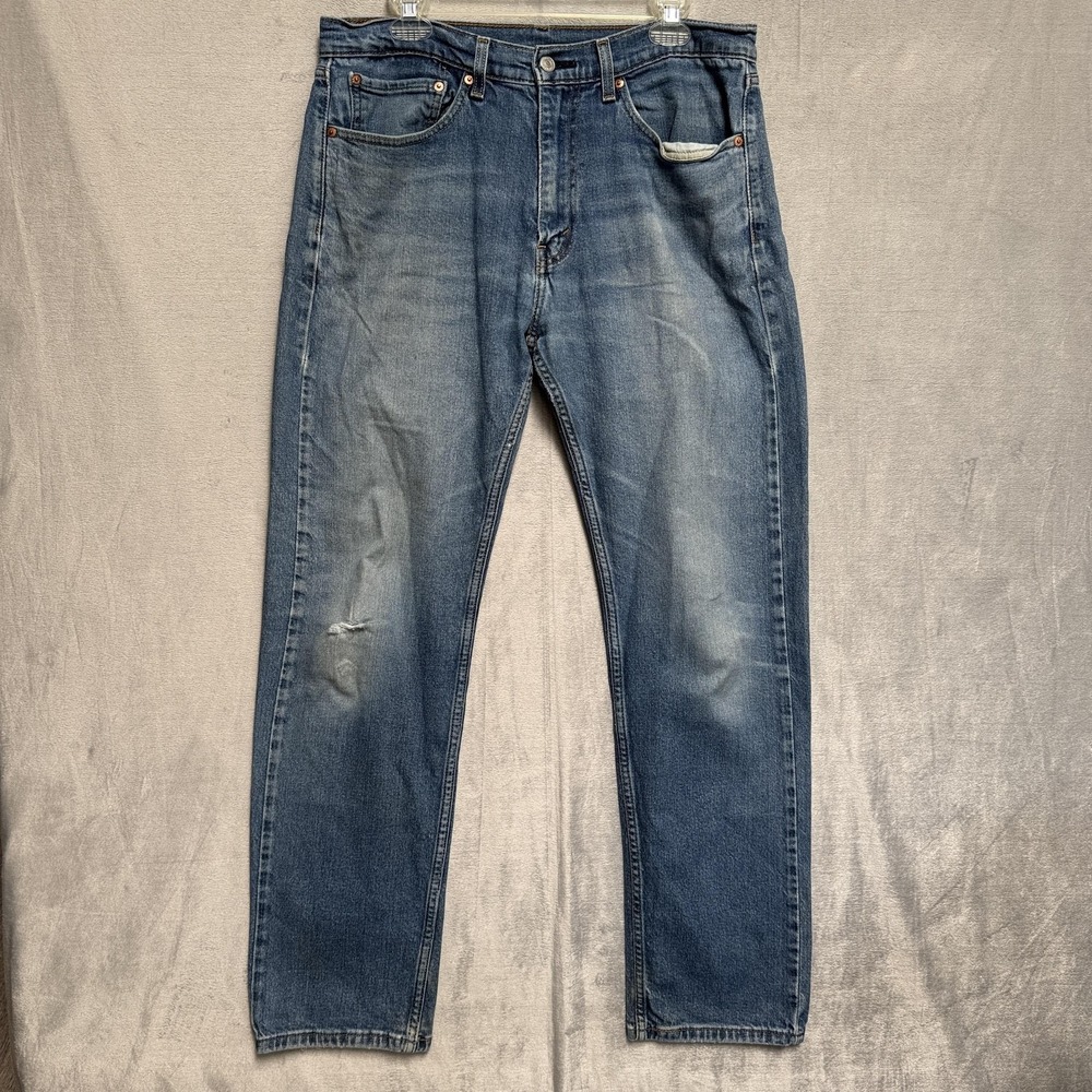 Levis Jeans Mens 34x34 Blue Medium Wash Straight Denim Regular Fit Distressed